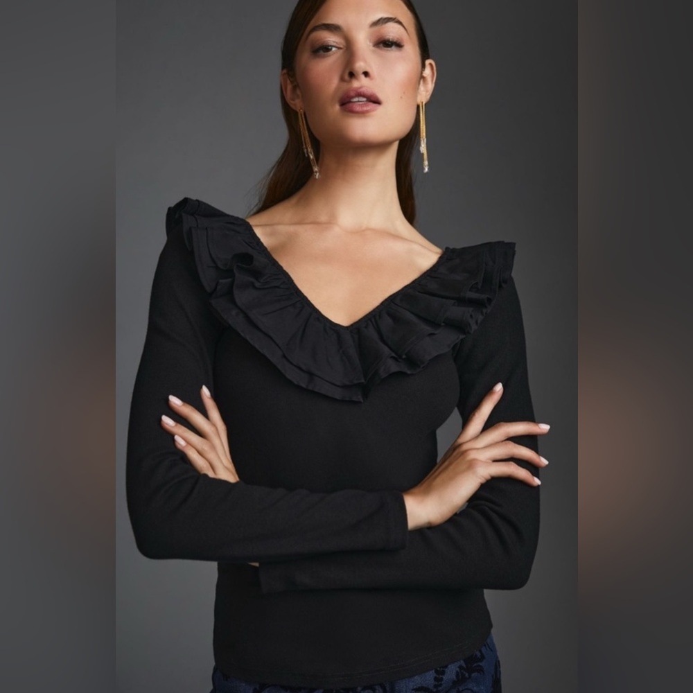 Anthropologie Dolan Left Coast V Neck Ruffle Top Black XS